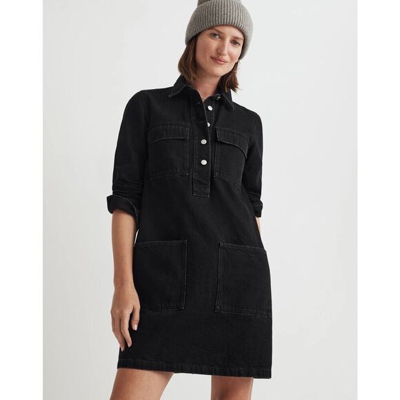 MADEWELL Clean Black Wash Denim Popover Mini Shirtdress NWT Size XXS - Picture 1 of 9